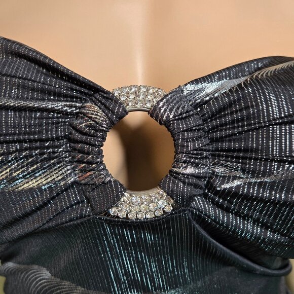 Y2K Trashy Mcbling Mini Dress Size M Silver Black metallic Rhinestone Lace Trim - Picture 2 of 10